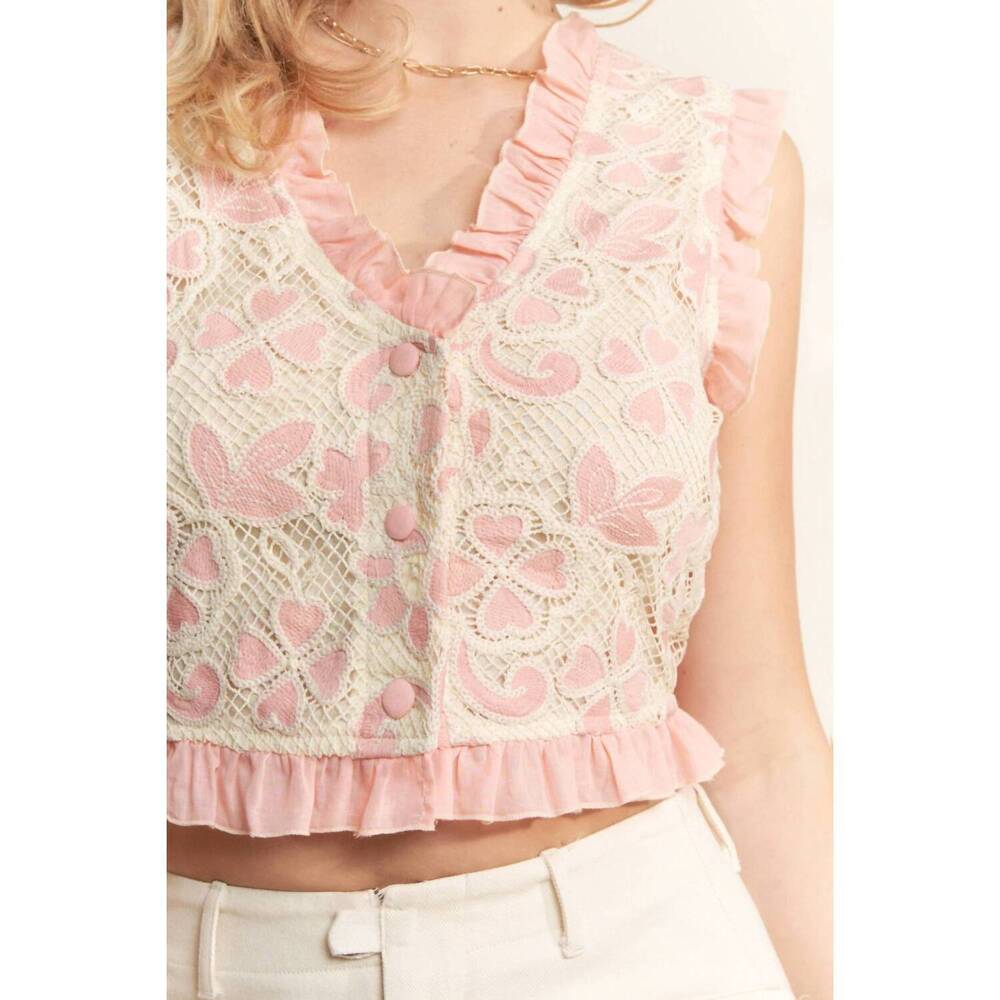NEW DAVI & DANI crochet lace ruffle vest in pink natural - Picture 7 of 7